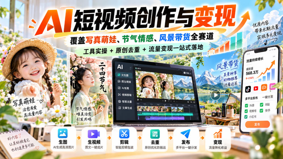 AI短视频创作与变现，覆盖写真萌娃、节气情感、风景带货全赛道，工具实操+原创去重+流量变现一站式落地-迦哆网创社