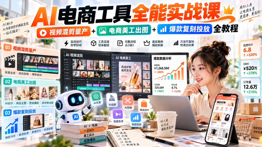 AI电商工具全能实战教学，视频混剪量产+电商美工出图+爆款复刻投放全教程​-迦哆网创社