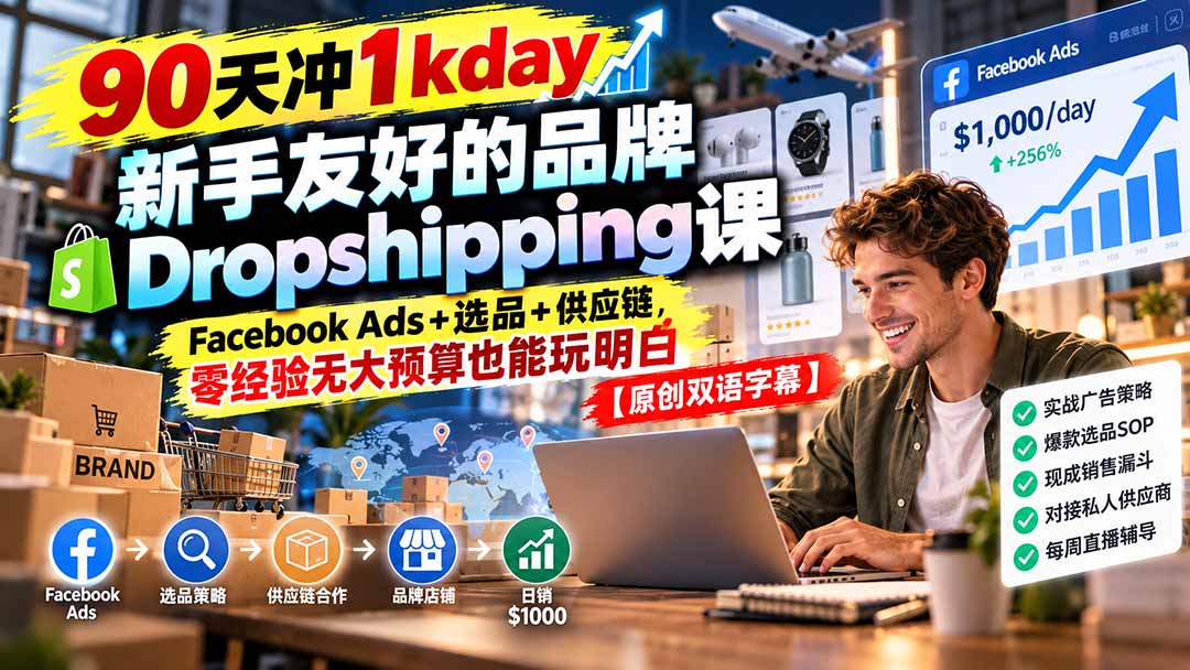 90天冲1kday 新手友好的品牌Dropshipping课：Facebook Ads+选品+供应链，零经验无大预算也能玩明白【原创双语字幕】-迦哆网创社