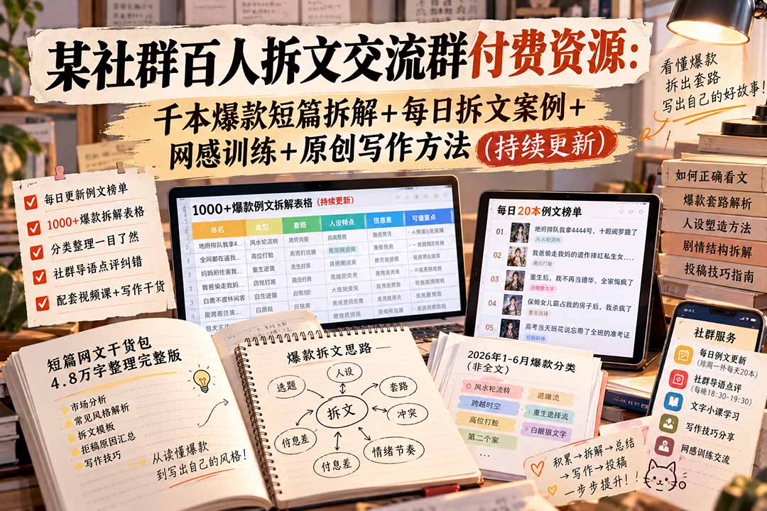 某社群百人拆文交流群付费资源-更新0929：千本爆款短篇拆解+每日拆文案例+网感训练+原创写作方法-迦哆网创社
