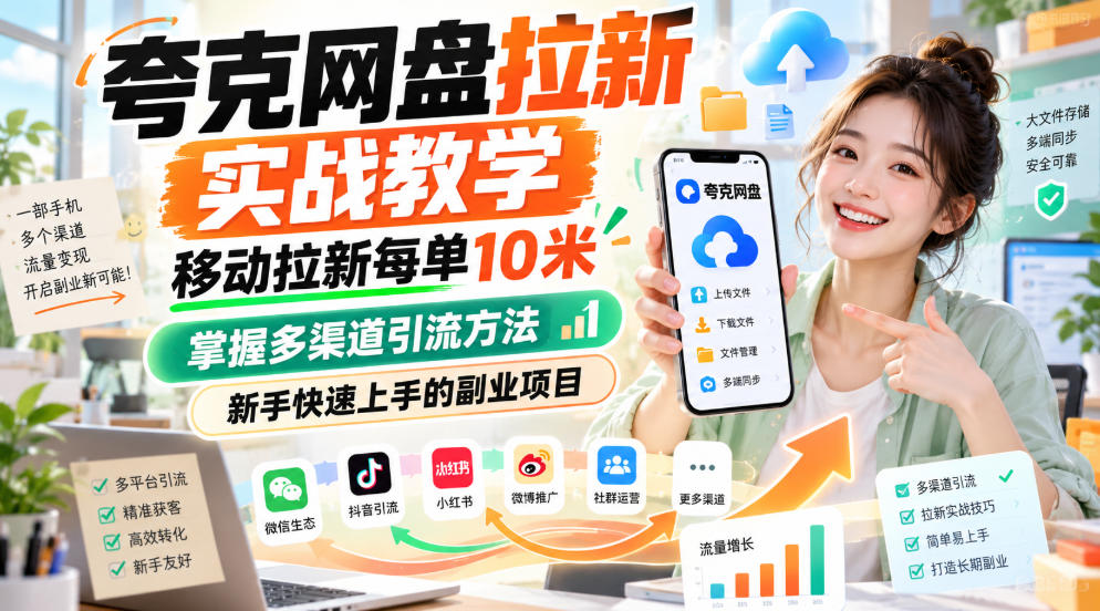 夸克网盘拉新实战教学，移动拉新每单10米，掌握多渠道引流方法，新手快速上手的副业项目(更新0929)-迦哆网创社