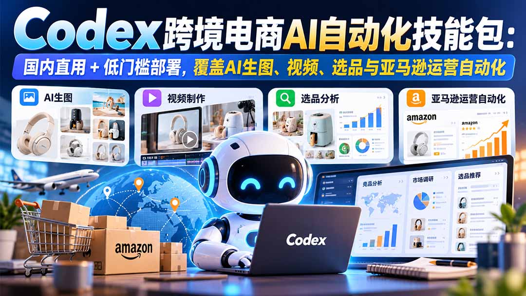 【无水印】Codex跨境电商AI自动化技能包:国内直用+低门槛部署,覆盖AI生图、视频、选品与亚马逊运营自动化-迦哆网创社
