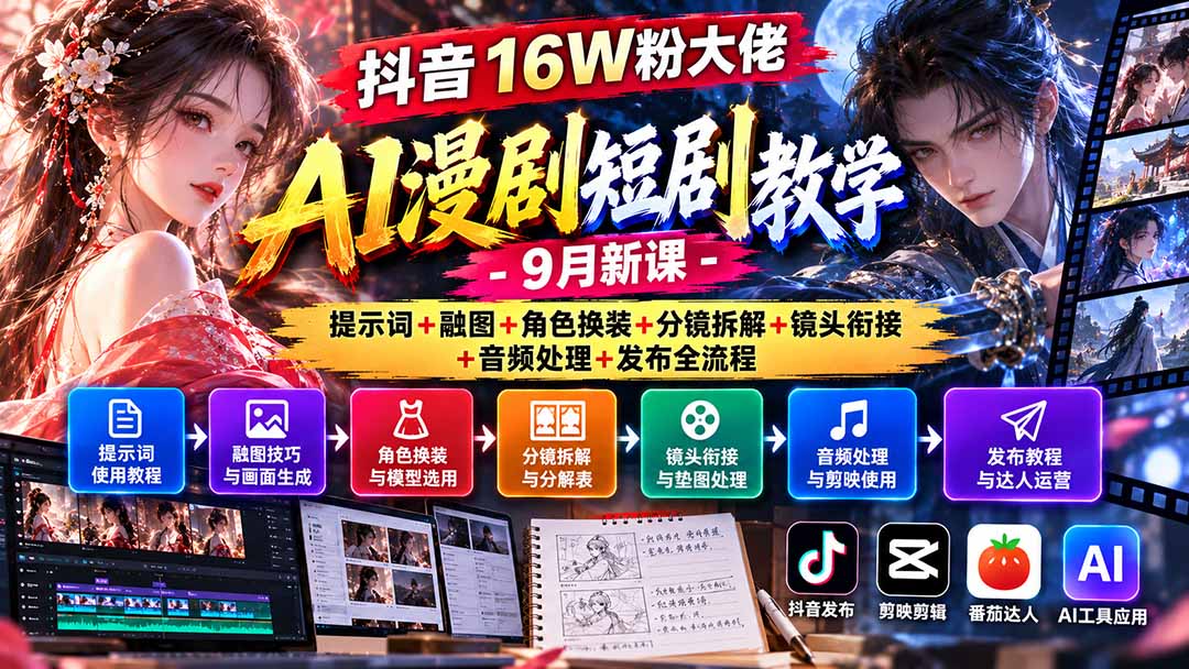 抖音16W粉大佬AI漫剧短剧教学-9月新课:提示词+融图+角色换装+分镜拆解+镜头衔接+音频处理+发布全流程-迦哆网创社