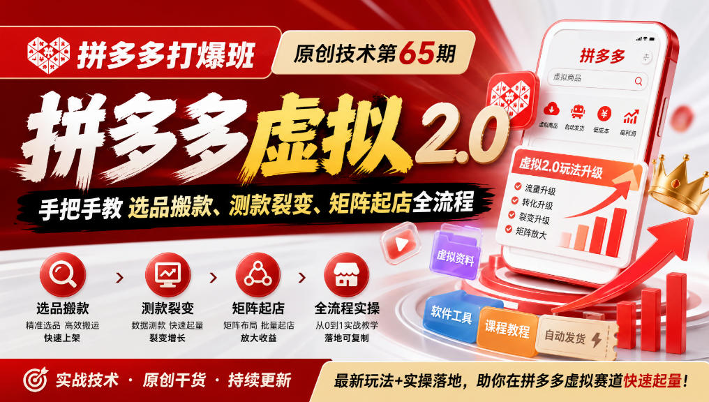 《拼多多打爆班》原创技术第65期，拼多多虚拟2.0，手把手教选品搬款、测款裂变、矩阵起店全流程-迦哆网创社