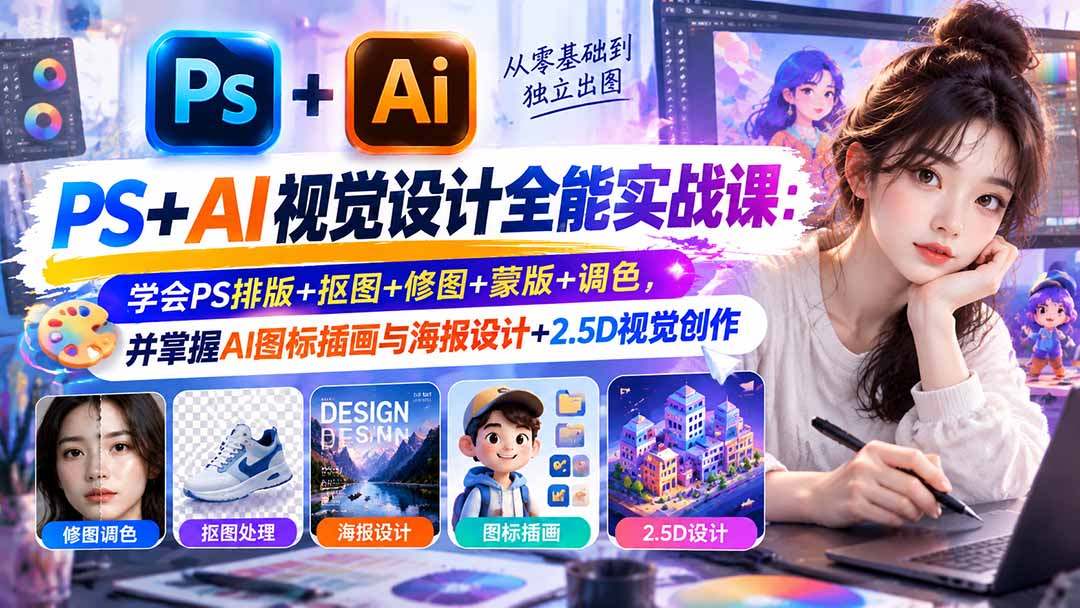 【无水印】PS+AI视觉设计全能实战课:学会PS排版+抠图+修图+蒙版+调色,并掌握AI图标插画与海报设计+2.5D视觉创作-迦哆网创社