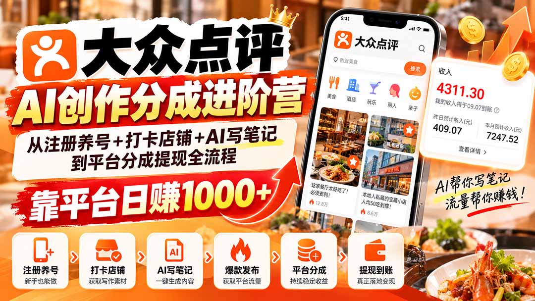 大众点评AI创作分成进阶营:从注册养号+打卡店铺+AI写笔记到平台分成提现全流程,靠平台日赚1000+-迦哆网创社