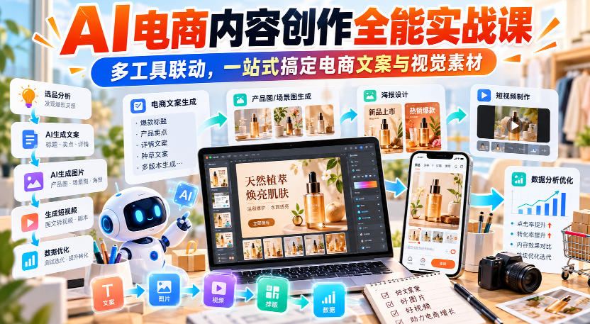 【无水印】AI电商内容创作全能实战课｜多工具联动，一站式搞定电商文案与视觉素材-迦哆网创社