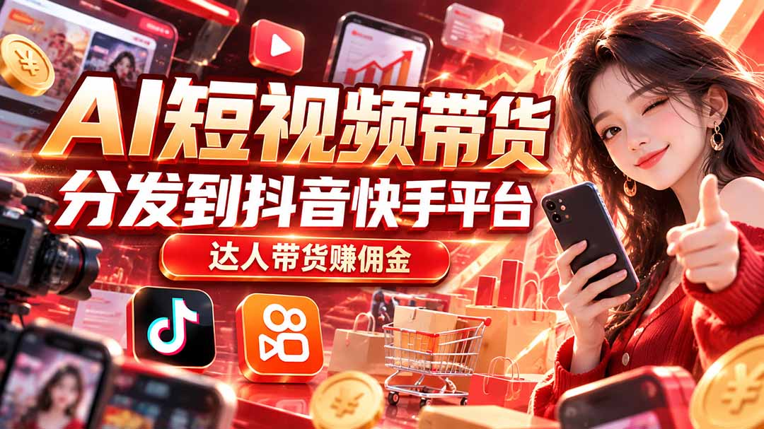 【AI短视频带货】分发到抖音快手平台,达人带货赚佣金-迦哆网创社