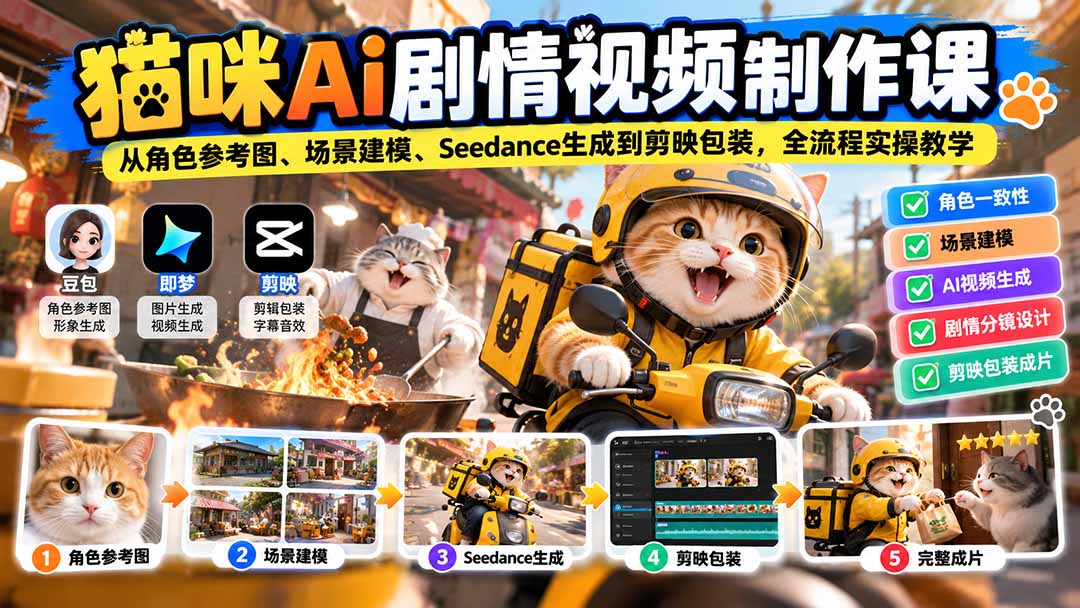 猫咪AI剧情视频制作课:从角色参考图、场景建模、Seedance生成到剪映包装,全流程实操教学-迦哆网创社