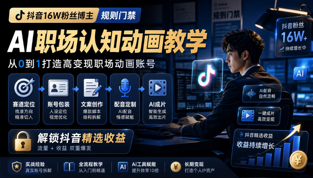 抖音16W粉丝博主规则门禁的AI职场认知动画教学,从赛道定位、账号包装,到文案创作、配音定制、AI成片,解锁抖音精选收益-迦哆网创社