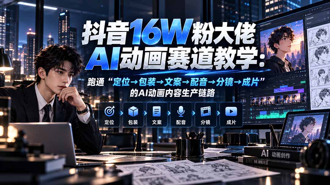 抖音16W粉大佬规则门禁AI动画赛道教学:跑通“定位→包装→文案→配音→分镜→成片”的AI动画内容生产链路-迦哆网创社