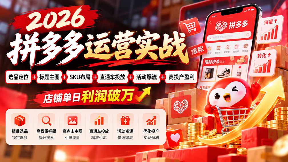 2026拼多多运营实战-更新1002：选品定位+标题主图+SKU布局+直通车投放+活动爆流+高投产盈利 店铺单日利润破万-迦哆网创社
