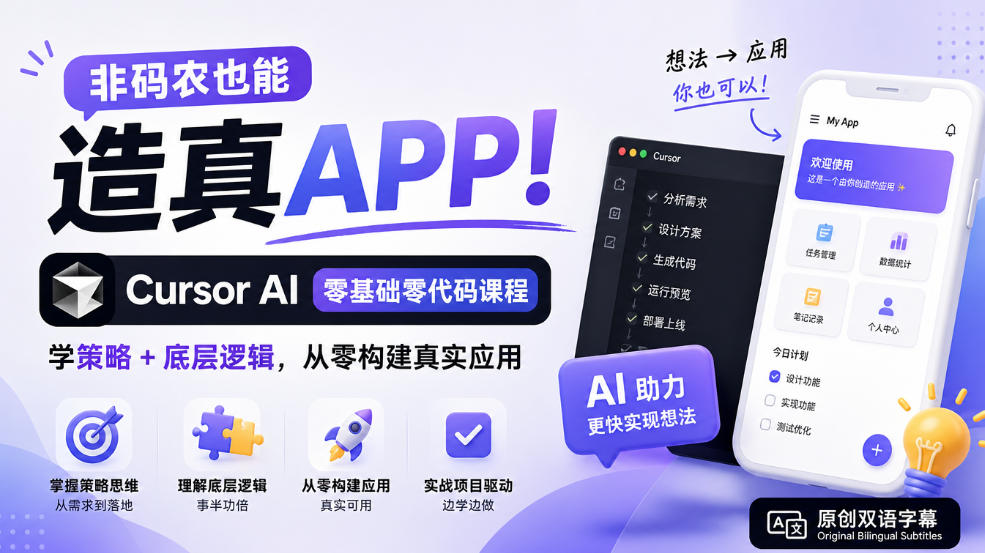 非码农也能造真APP!Cursor AI零基础零代码课程:学策略+底层逻辑,从零构建真实应用【原创双语字幕】-迦哆网创社