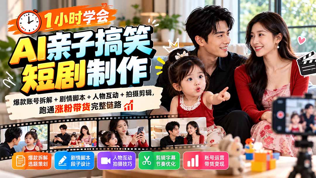 1小时学会AI亲子搞笑短剧制作:爆款账号拆解+剧情脚本+人物互动+拍摄剪辑,跑通涨粉带货完整链路-迦哆网创社