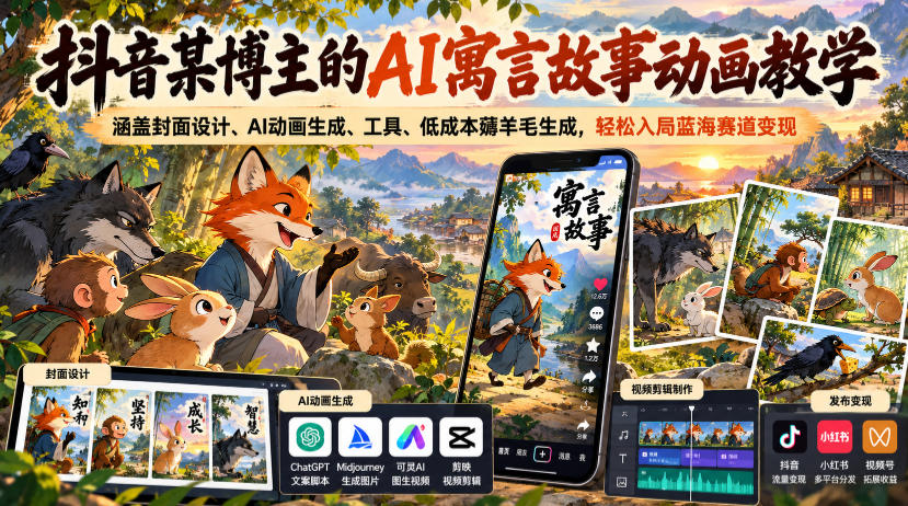 抖音某博主的AI寓言故事动画教学,涵盖封面设计、AI动画生成、工具、低成本薅羊毛生成,轻松入局蓝海赛道变现-迦哆网创社