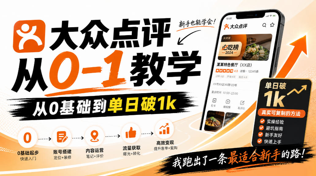 大众点评分成从0-1教学,从0基础到单日破1k,我跑出了一条最适合新手的路-迦哆网创社