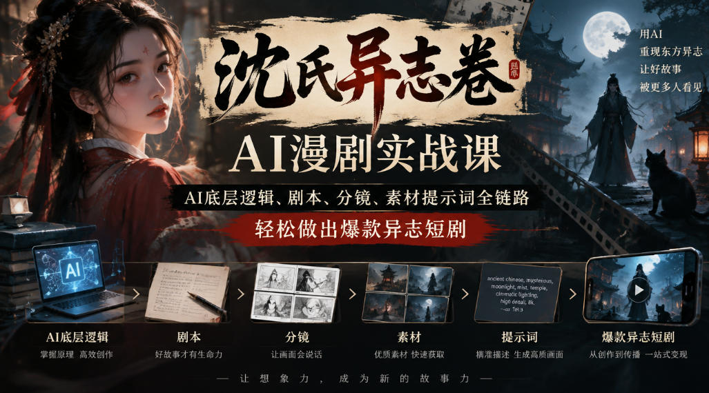 沈氏异志卷AI漫剧实战课|AI底层逻辑、剧本、分镜、素材提示词全链路,轻松做出爆款异志短剧-迦哆网创社