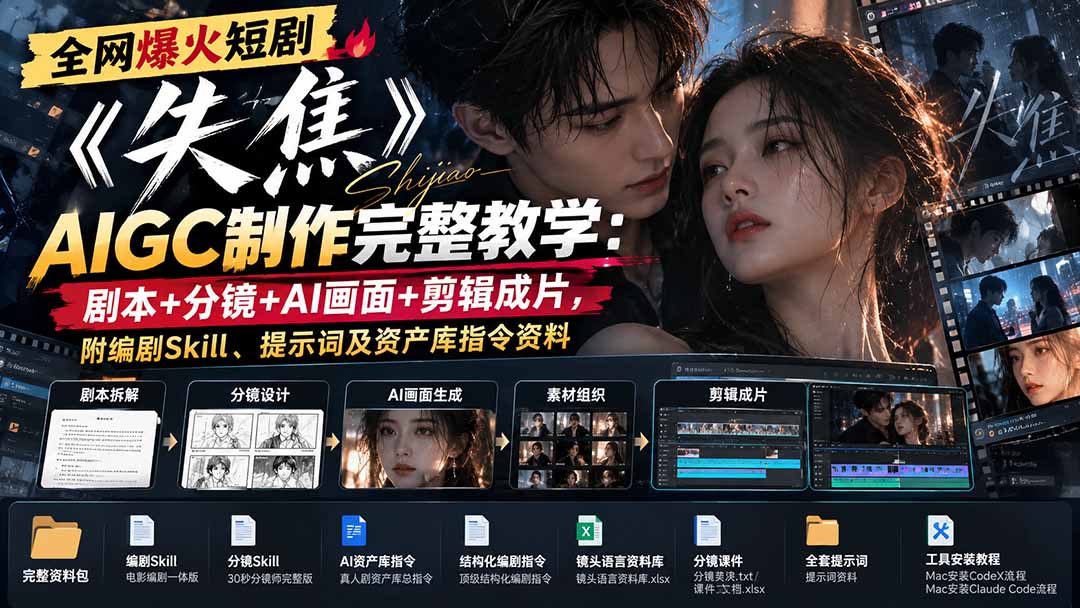 全网爆火短剧《失焦》AIGC制作完整教学:剧本+分镜+AI画面+剪辑成片,附编剧Skill、提示词及资产库指令资料-迦哆网创社