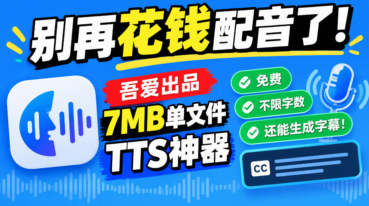 别再花钱配音了!吾爱出品7MB单文件TTS神器,免费不限字数还能生成字幕!-迦哆网创社