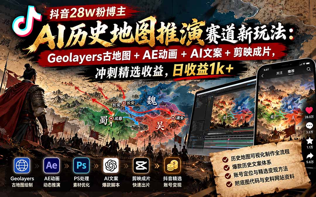 抖音28W粉博主AI历史地图推演赛道新玩法:Geolayers古地图+AE动画+AI文案+剪映成片,冲刺精选收益,日收益1k+-迦哆网创社