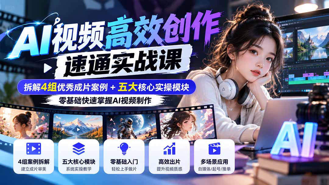 【无水印】AI视频高效创作速通实战课:拆解4组优秀成片案例+五大核心实操模块,零基础快速掌握AI视频制作-迦哆网创社