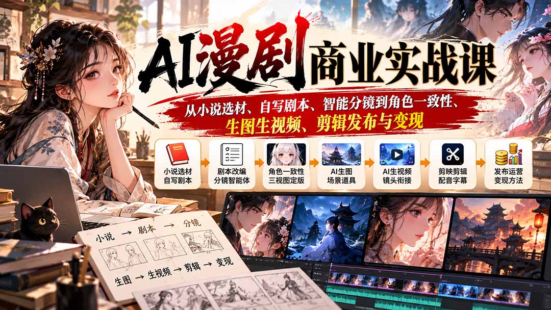AI漫剧商业实战课:从小说选材、自写剧本、智能分镜到角色一致性、生图生视频、剪辑发布与变现-迦哆网创社