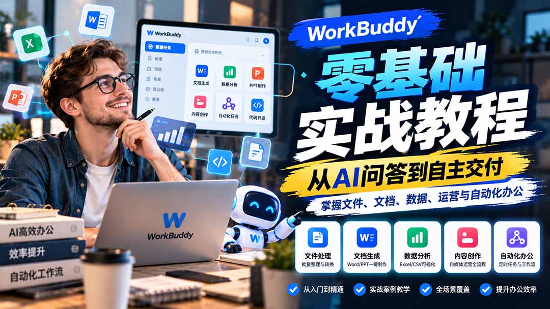 WorkBuddy零基础实战教程:从AI问答到自主交付,掌握文件、文档、数据、运营与自动化办公-迦哆网创社