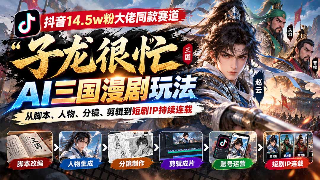 抖音14.5w粉大佬同款赛道「子龙很忙」AI三国漫剧玩法:从脚本、人物、分镜、剪辑到短剧IP持续连载-迦哆网创社