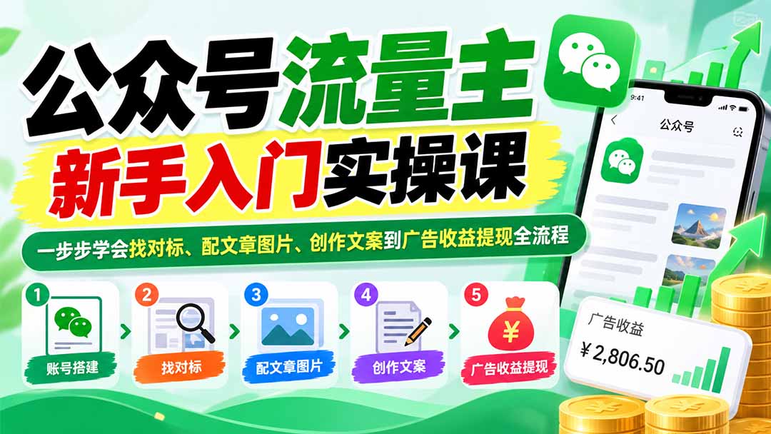 公众号流量主新手入门实操课:一步步学会找对标、配文章图片、创作文案到广告收益提现全流程-迦哆网创社