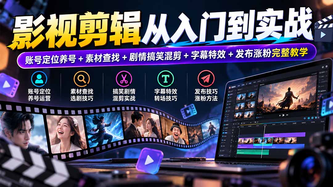 影视剪辑从入门到实战:账号定位养号+素材查找+剧情搞笑混剪+字幕特效+发布涨粉完整教学-迦哆网创社