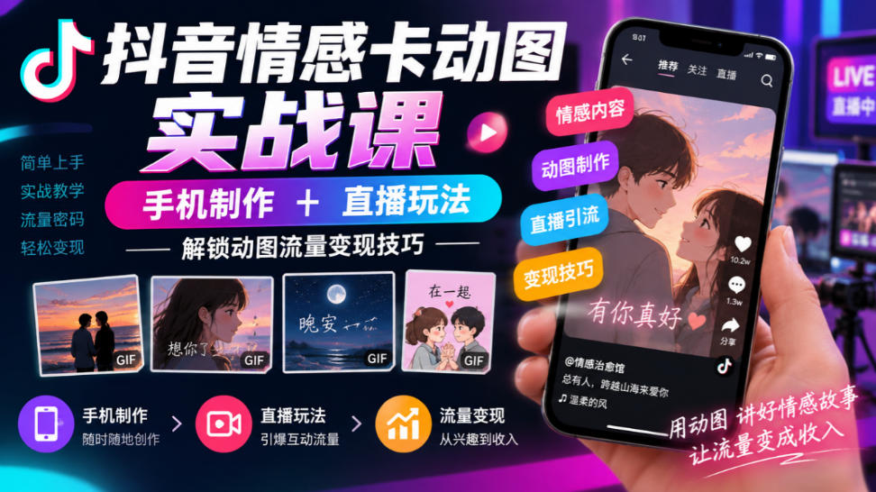 抖音情感卡动图实战课｜手机制作+直播玩法，解锁动图流量变现技巧-迦哆网创社