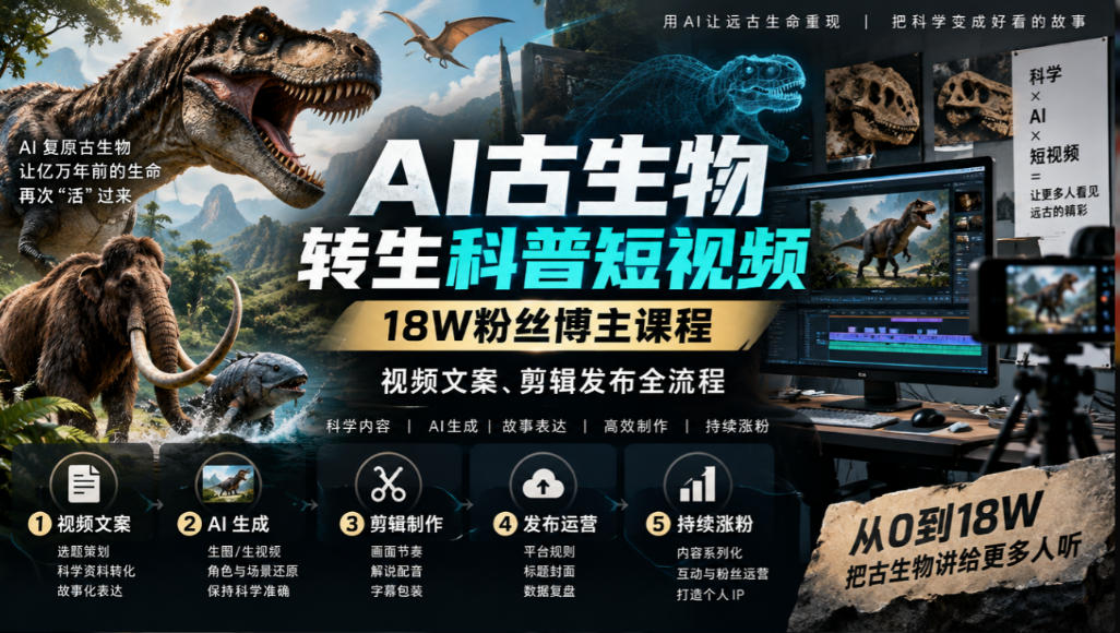 AI古生物转生科普短视频,18W粉丝博主课程,视频文案、剪辑发布全流程-迦哆网创社