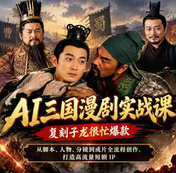 抖音14W粉博主同款AI三国漫剧实战课,复刻子龙很忙爆款,从脚本、人物、分镜到成片全流程创作,打造高流量短剧IP-迦哆网创社