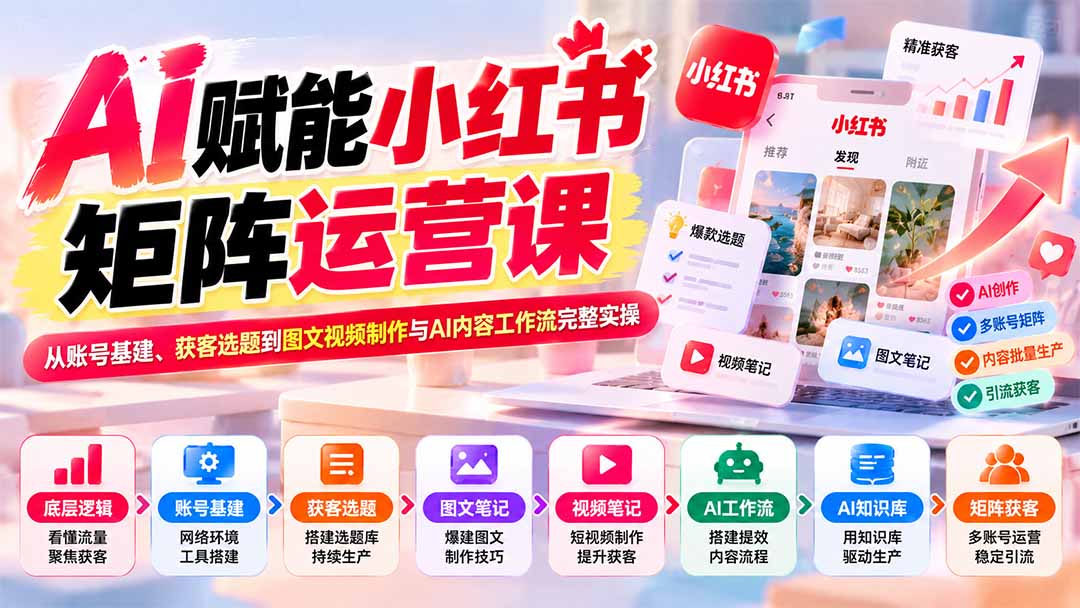 AI赋能小红书矩阵运营课:从账号基建、获客选题到图文视频制作与AI内容工作流完整实操-迦哆网创社