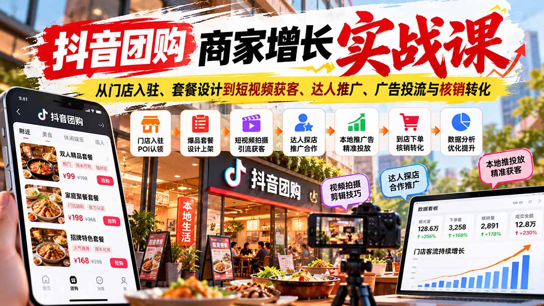 抖音团购商家增长实战课:从门店入驻、套餐设计到短视频获客、达人推广、广告投流与核销转化-迦哆网创社