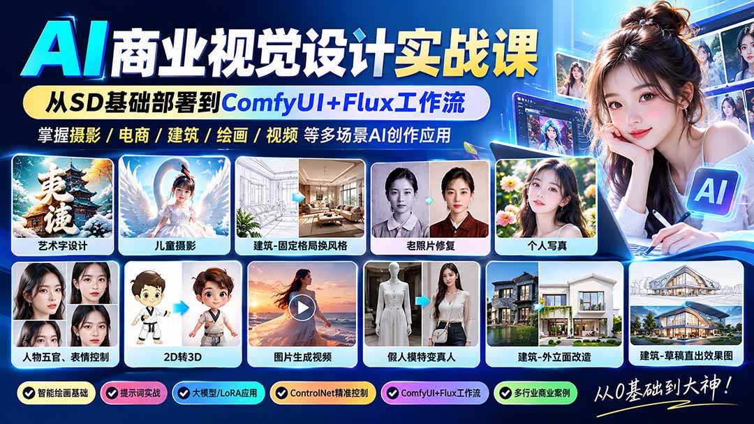 【无水印】AI商业视觉设计实战课:从SD基础部署到ComfyUI+Flux工作流,掌握摄影电商建筑AI创作-迦哆网创社