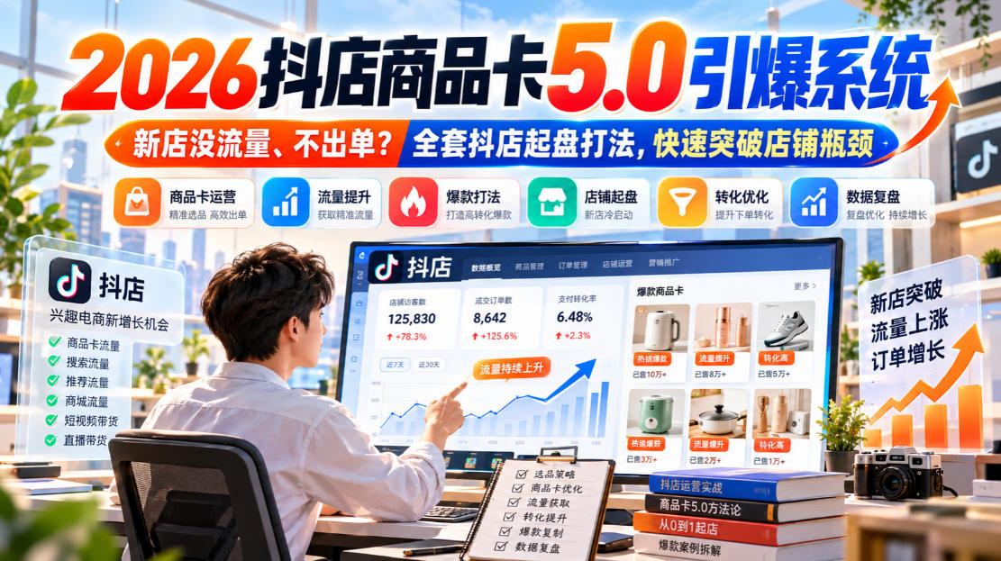 2026抖店商品卡5.0引爆店铺流量，新店没流量、不出单？全套抖店起盘打法，快速突破店铺瓶颈-迦哆网创社