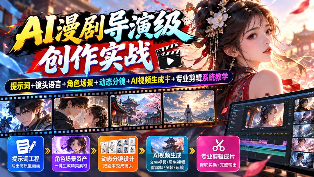 AI漫剧导演级创作实战:提示词+镜头语言+角色场景+动态分镜+AI视频生成+专业剪辑系统教学-迦哆网创社