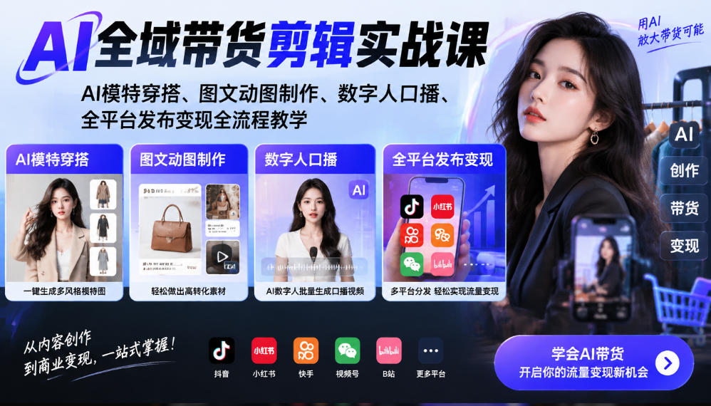 AI全域带货剪辑实战课｜AI模特穿搭、图文动图制作、数字人口播、全平台发布变现全流程教学-迦哆网创社