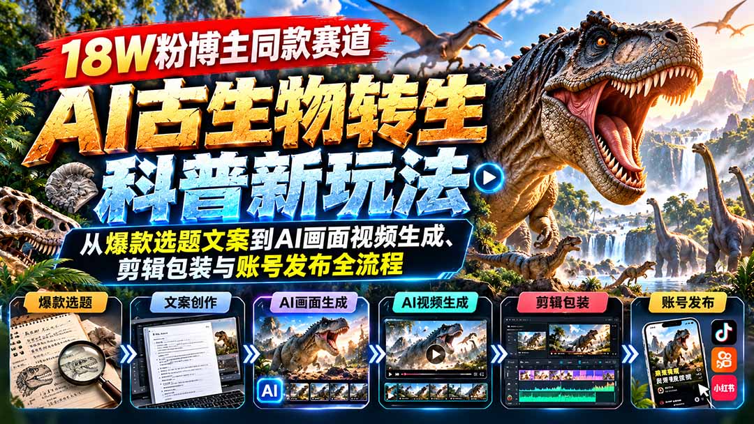 18W粉博主同款赛道-AI古生物转生科普新玩法：从爆款选题文案到AI画面视频生成、剪辑包装与账号发布全流程-迦哆网创社