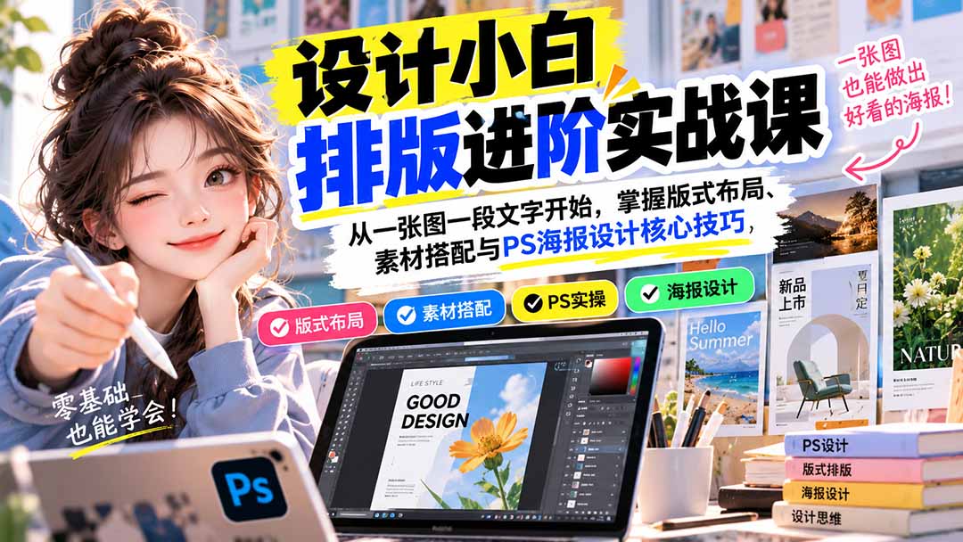 设计小白排版进阶实战课：从一张图一段文字开始，掌握版式布局、素材搭配与PS海报设计核心技巧-迦哆网创社