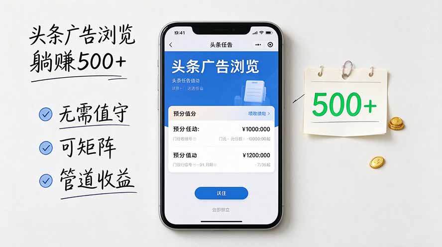 头条广告浏览躺赚500+无需值守，可矩阵并附有管道收益-迦哆网创社