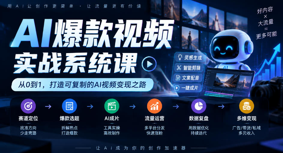 AI爆款视频实战系统课｜赛道定位、爆款选题、AI成片、流量运营、数据复盘、多维变现全链路教学-迦哆网创社