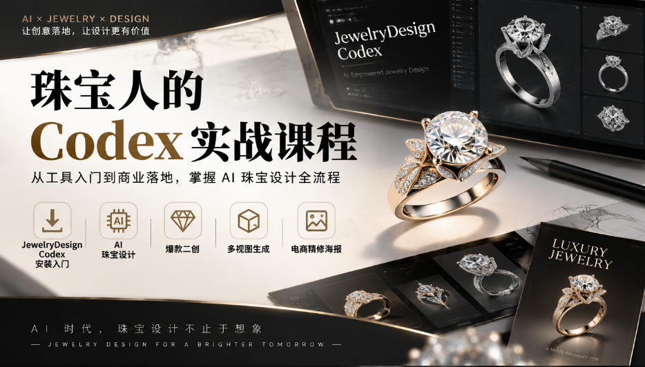 珠宝人的Codex实战课程|JewelryDesign Codex安装入门、AI珠宝设计、爆款二创、多视图生成、电商精修海报全链路教学-迦哆网创社