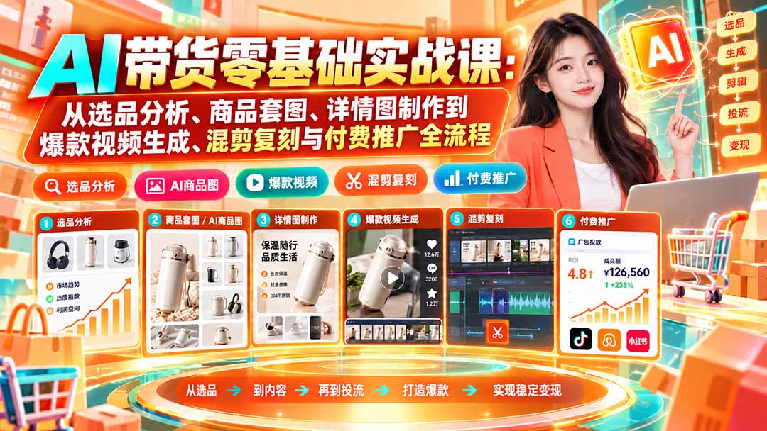 AI带货零基础实战课：从选品分析、商品套图、详情图制作到爆款视频生成、混剪复刻与付费推广全流程-迦哆网创社