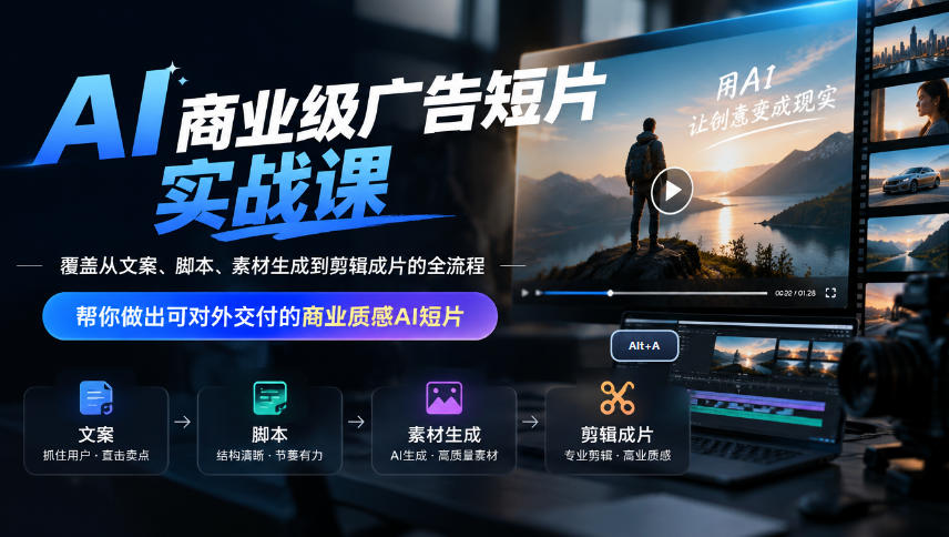 AI商业级广告短片实战课，覆盖从文案、脚本、素材生成到剪辑成片的全流程，帮你做出可对外交付的商业质感AI短片-迦哆网创社