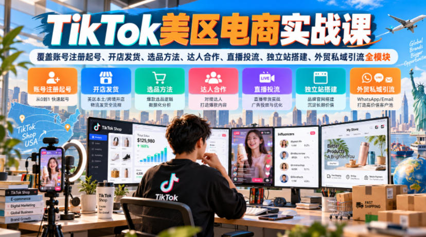 TikTok美区电商实战课，覆盖账号注册起号、开店发货、选品方法、达人合作、直播投流、独立站搭建、外贸私域引流全模块-迦哆网创社