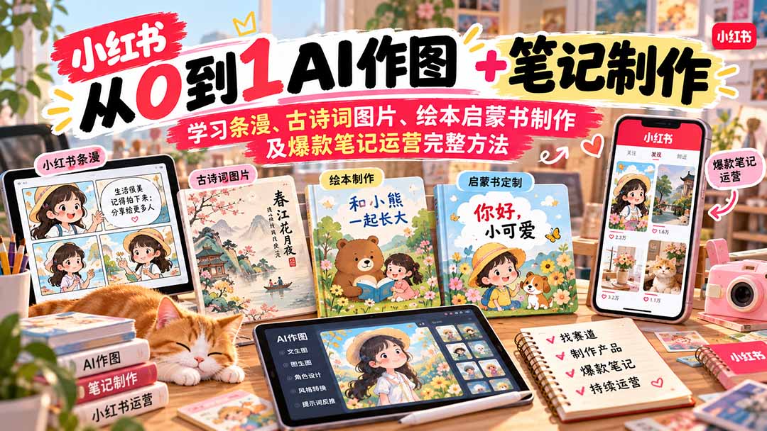 2026小红书AI内容创作从0到1-更新1009：学习条漫、古诗词图片、绘本启蒙书制作及爆款笔记运营完整方法-迦哆网创社