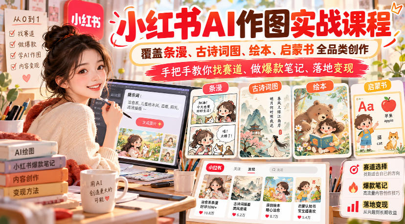 小红书AI作图实战课程，覆盖条漫、古诗词图、绘本、启蒙书全品类创作，手把手教你找赛道、做爆款笔记、落地变现(更新1009)-迦哆网创社