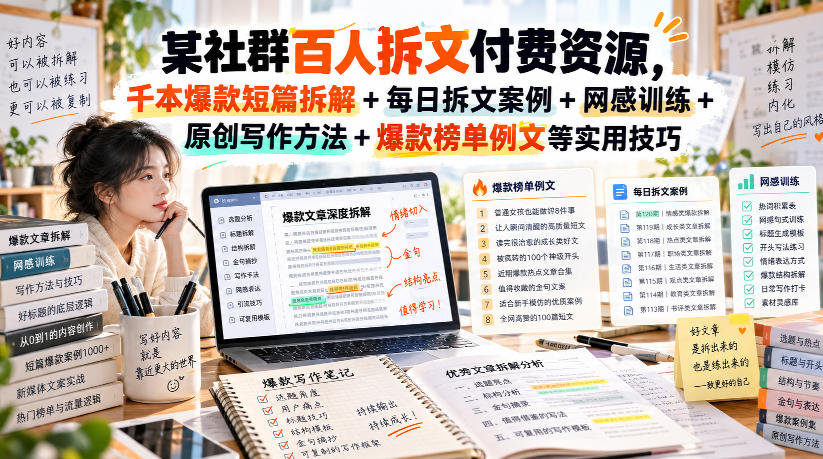 (无水印)某社群百人拆文付费资源，千本爆款短篇拆解+每日拆文案例+网感训练+原创写作方法+爆款榜单例文等实用技巧(更新1009)-迦哆网创社